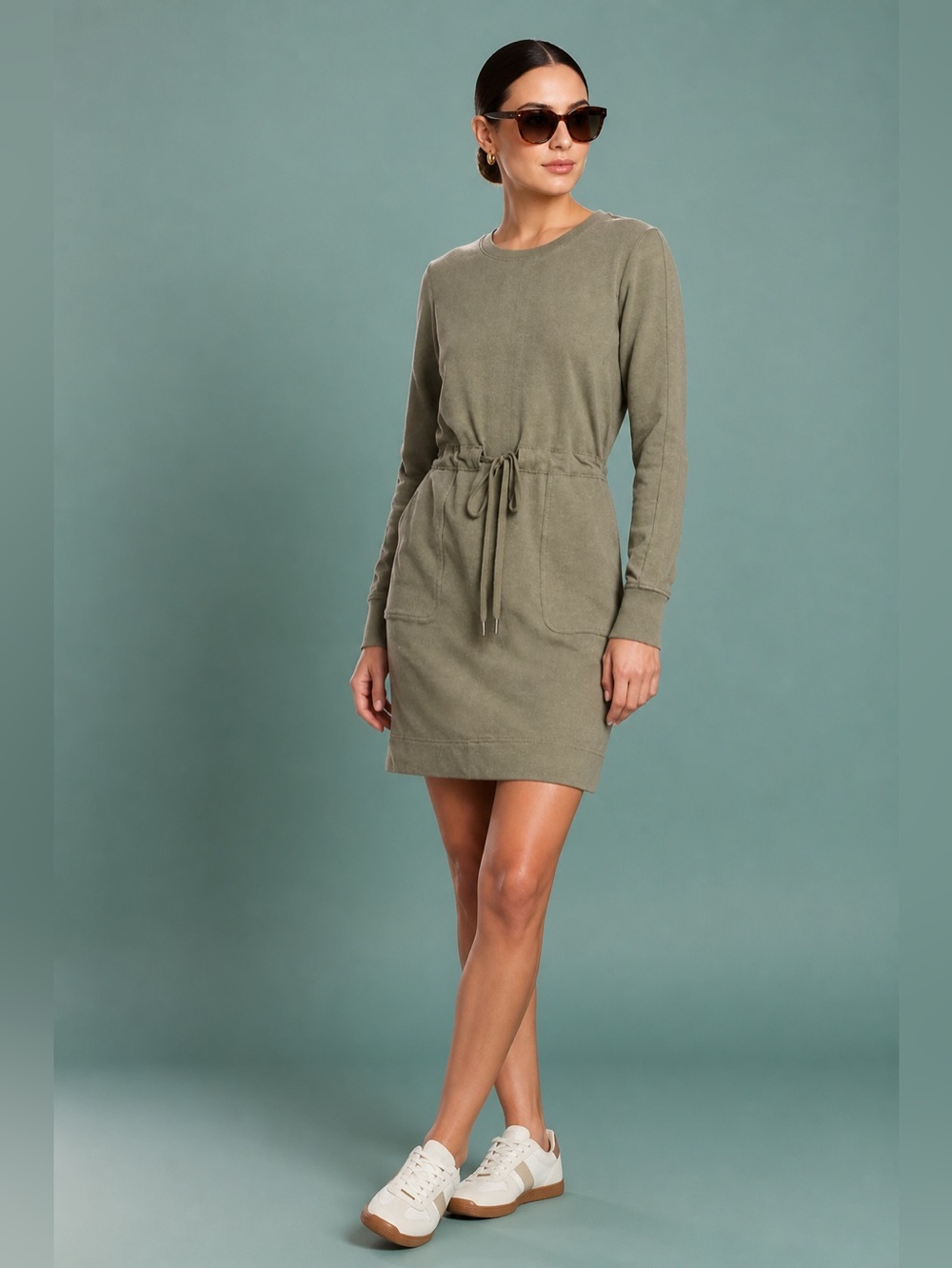 Athleta Green Farallon Heather Long Sleeve Cotton Casual Sporty Dress Size Small